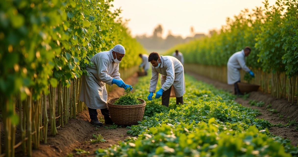 Colheita manual de folhas de moringa em cultivo limpo 