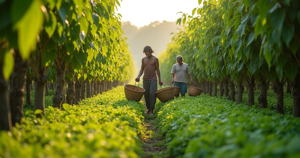Colheita manual de folhas de moringa orgânica