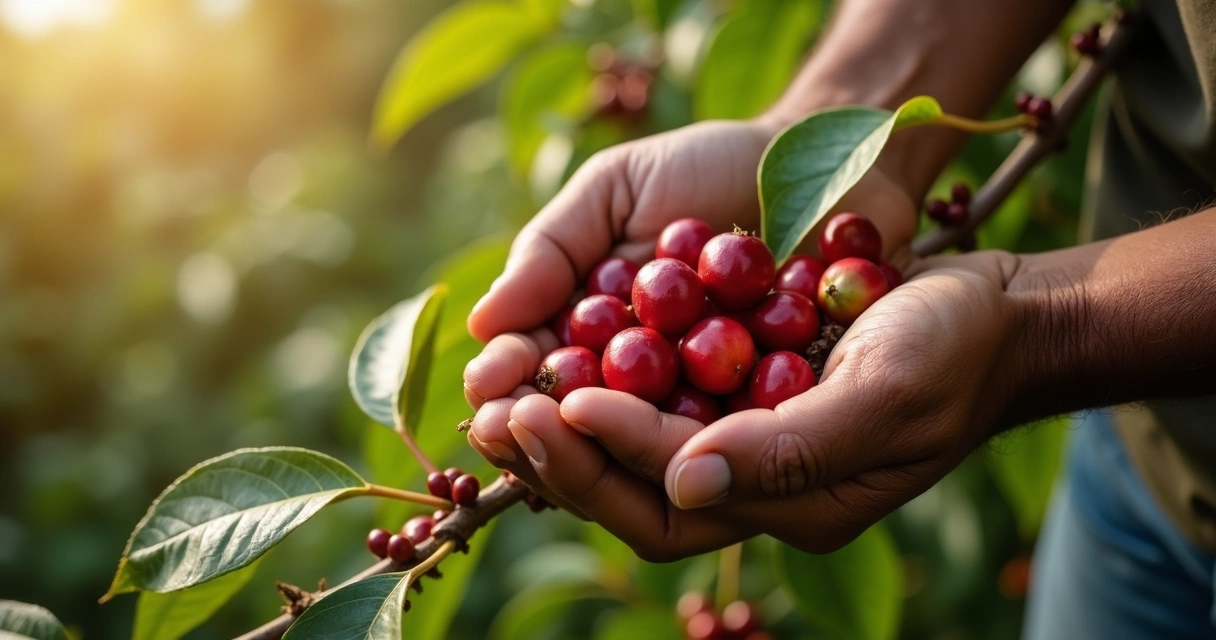 Colheita seletiva de café cereja com lavrador colhendo frutos maduros 