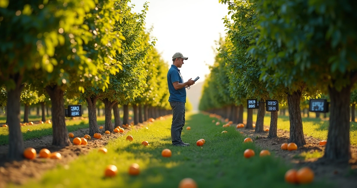 Sensores instalados entre árvores frutíferas em pomar 