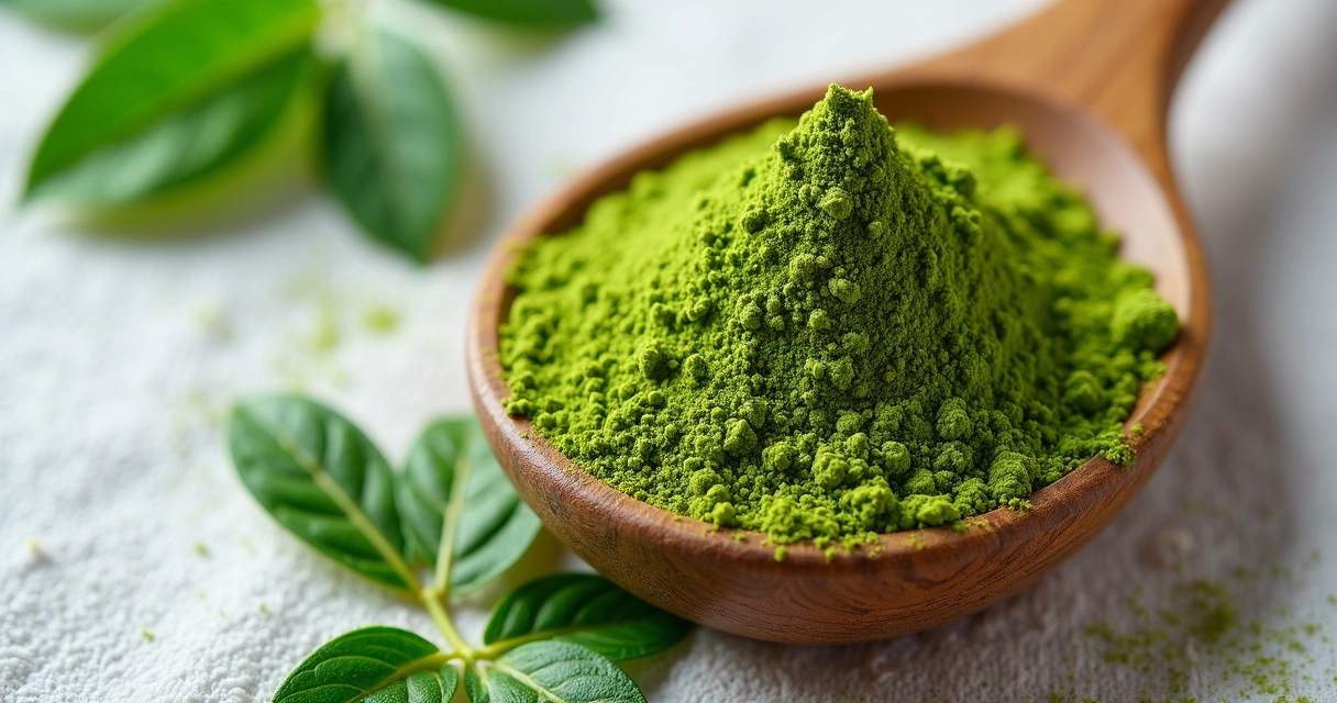 Colher de madeira cheia de pó verde de moringa