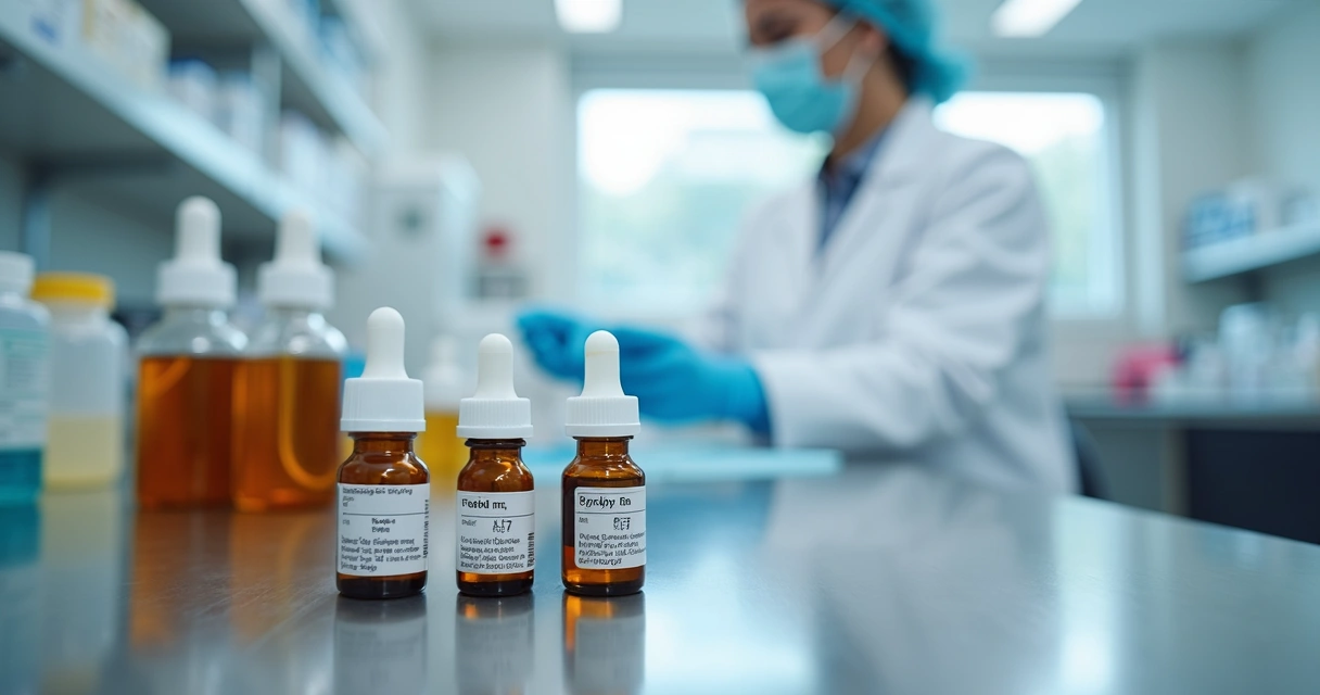 Frascos de colírio manipulados em bancada farmacêutica 