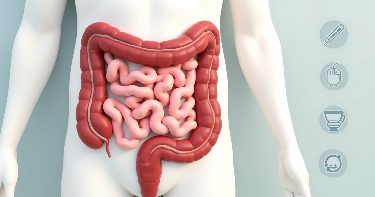 Ilustração realista do intestino grosso inflamado com destaque para colite 