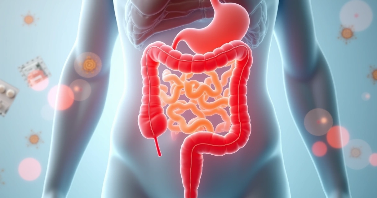 Ilustração realista do intestino grosso inflamado destacando colite 