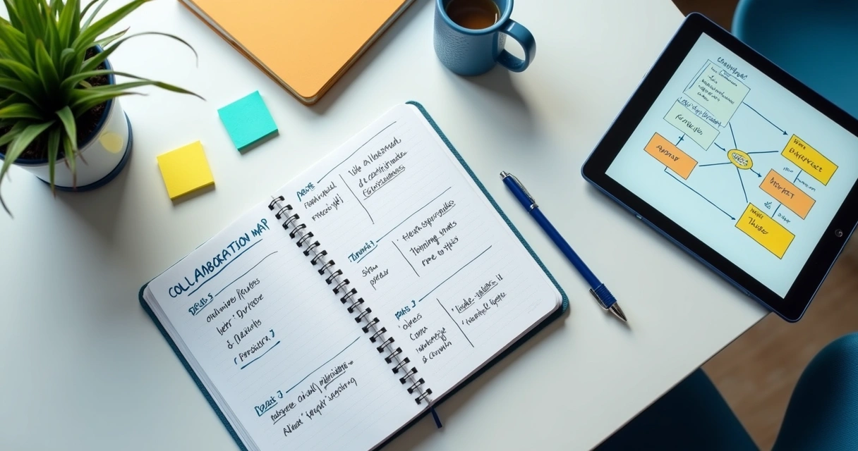 Notebook with collaboration map and decision notes 