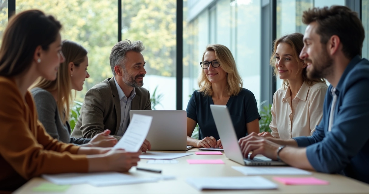 Team meeting with people of diverse backgrounds discussing around a modern table