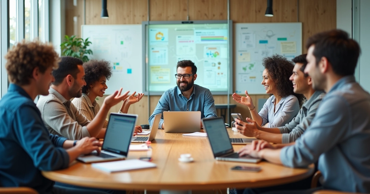 Diverse group collaborating around a table with shared digital screens and subtle emotional expressions 