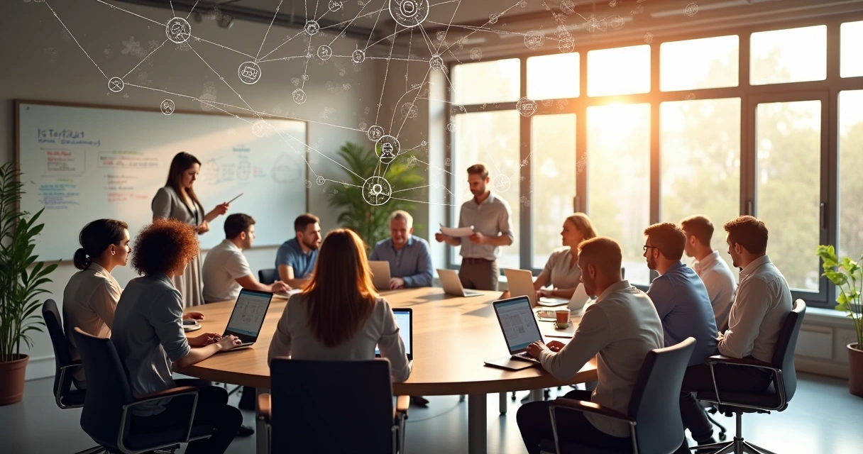 Open workspace with team collaborating on laptops and whiteboards
