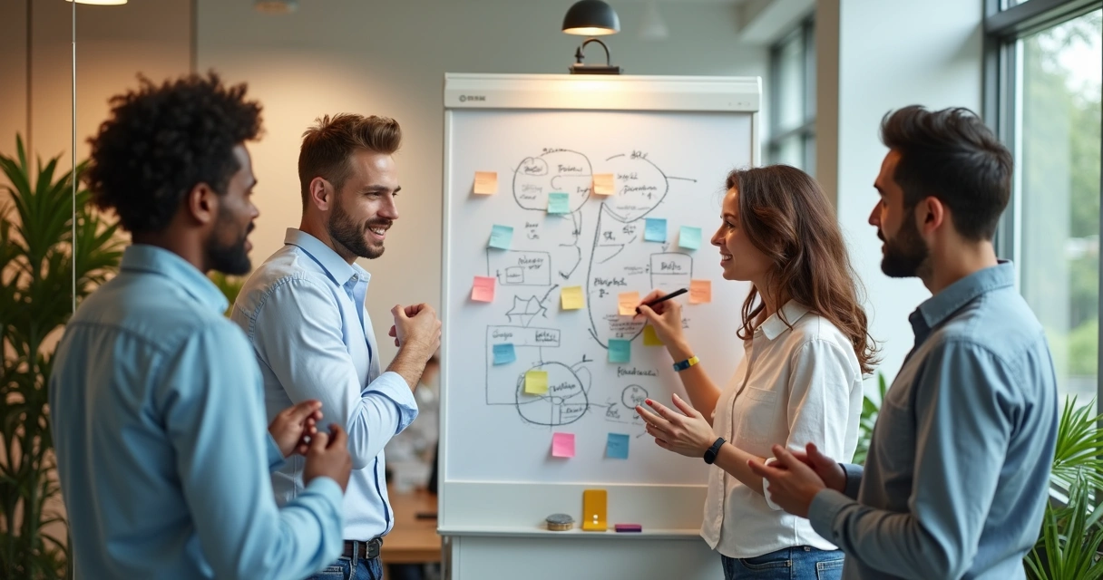 Team collaborating openly around a whiteboard 