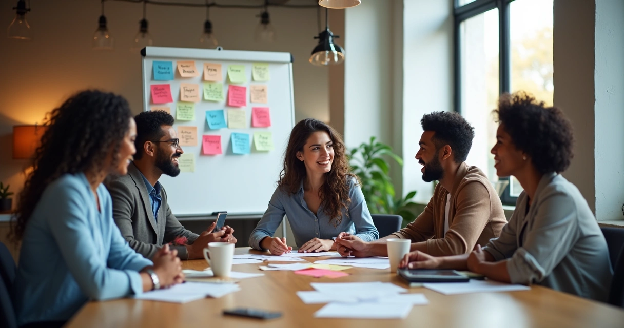 Team sitting around table in discussion. 