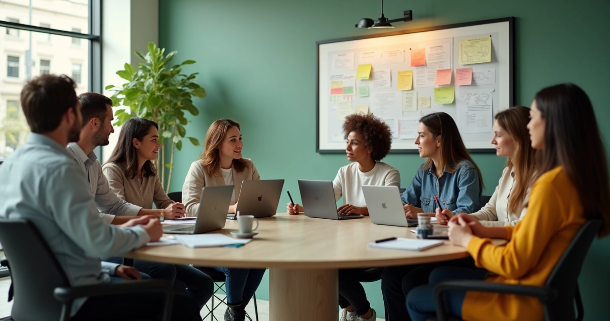 Team members actively sharing ideas around a table with notes on the wall 