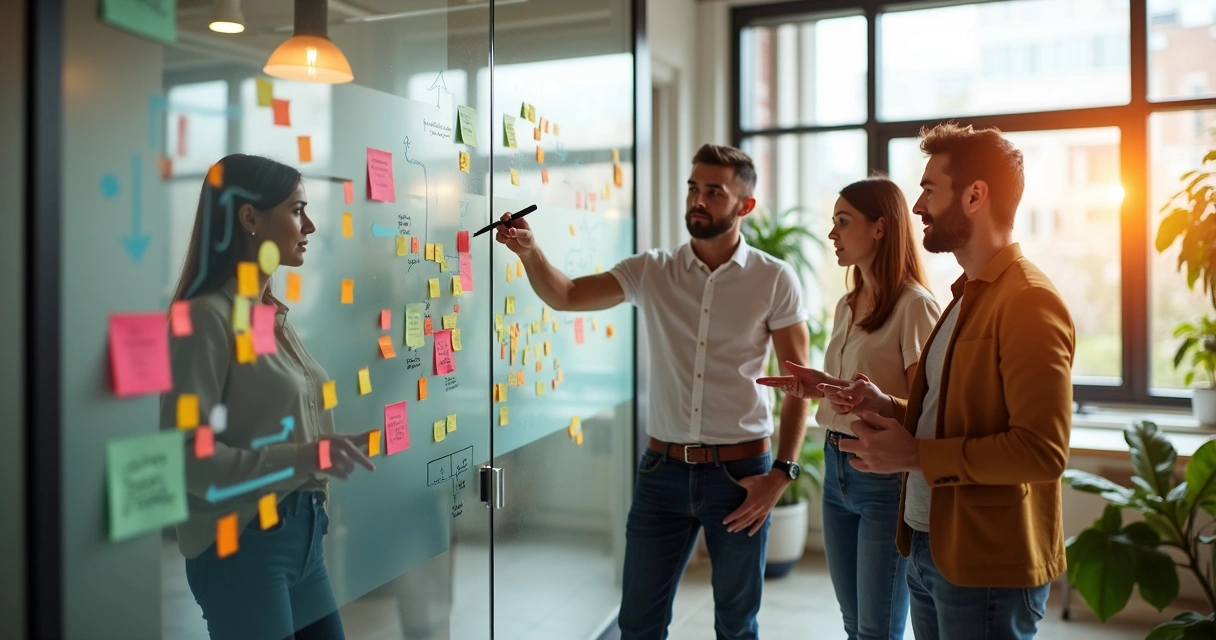 Team planning together with sticky notes on a glass wall