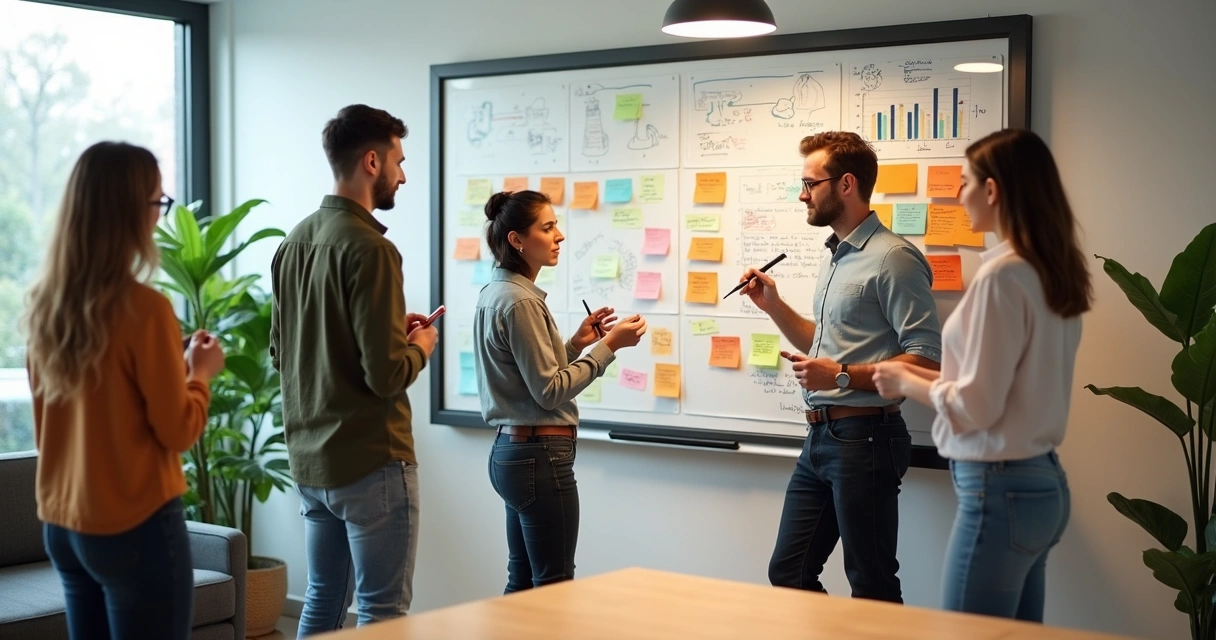 Team collaborating around a whiteboard with open body language