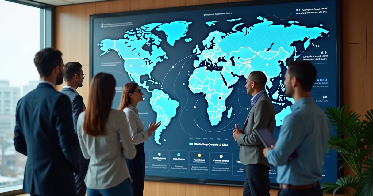 Team planning global mobility roadmap on digital display 