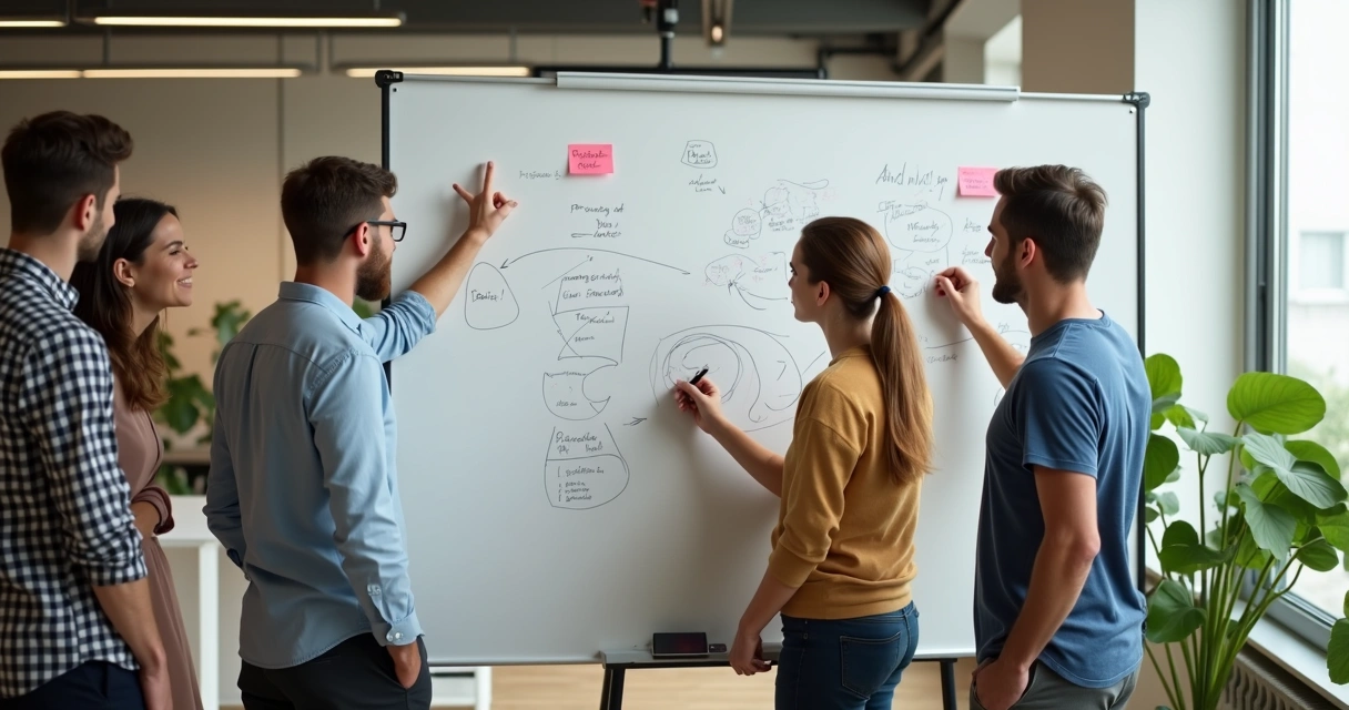 Team sharing ideas around a whiteboard