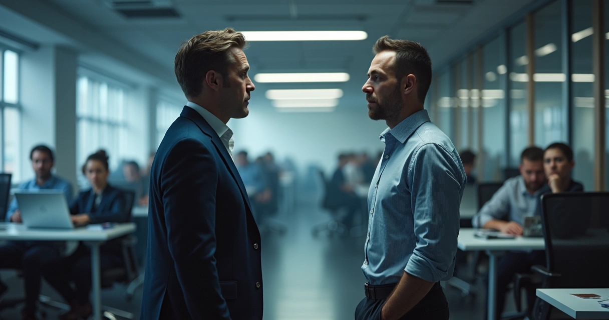 Two colleagues in an office having a tense conversation, others silently observing