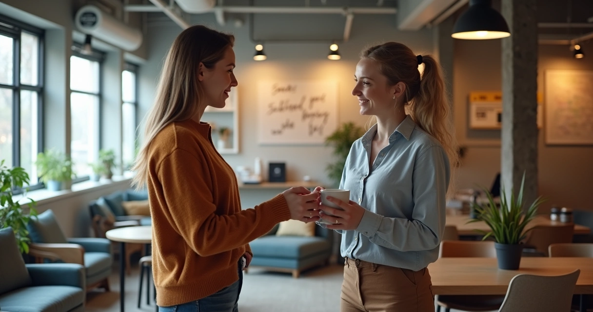Two colleagues supporting each other with coffee in the office