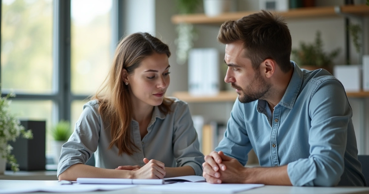 Two colleagues at a desk, one offering supportive body language while the other looks concerned 