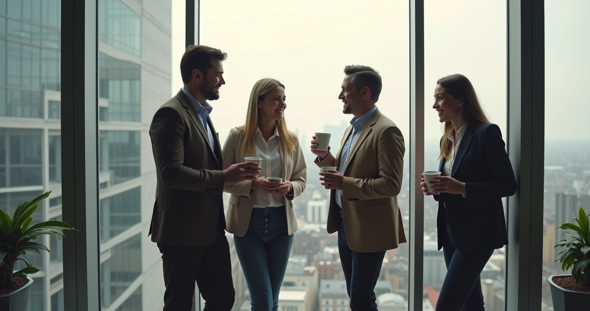 Colleagues standing together with coffee cups, relaxed, near a large window with city view 