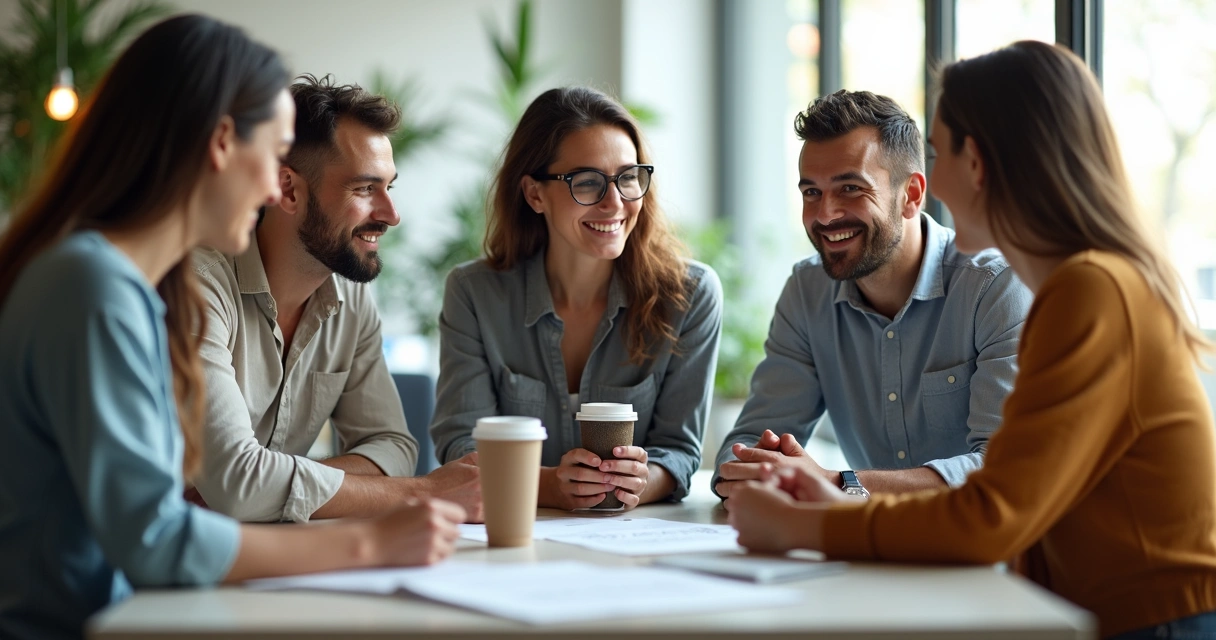 Office workers collaborating responsibly around table 