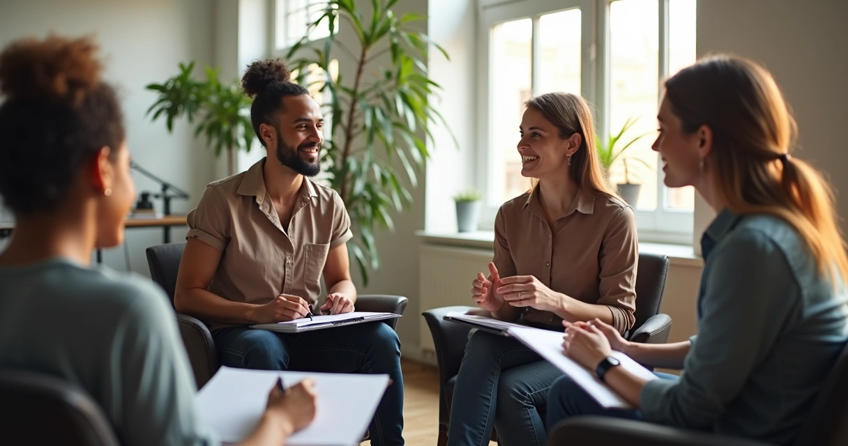 Office meeting with colleagues exchanging feedback 