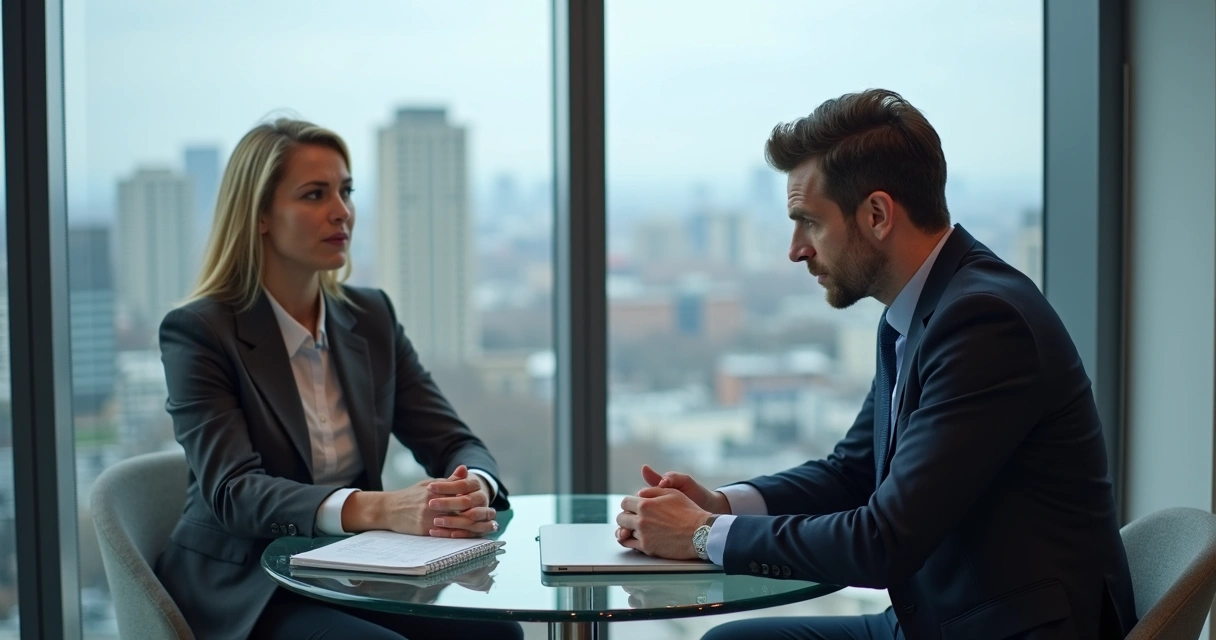 Two coworkers having a tense but respectful conversation in an office meeting room 