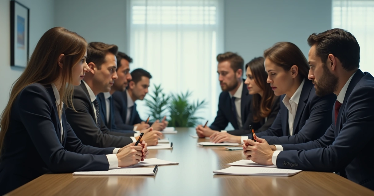 Colleagues in formalwear around a table with visible competitive posture 
