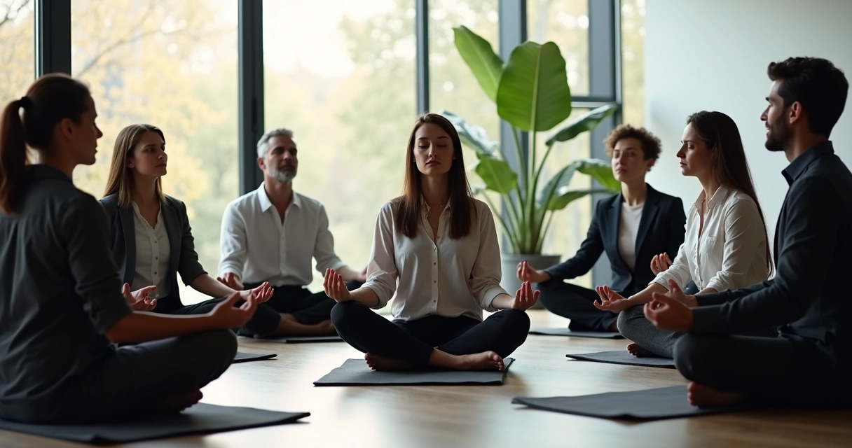 Colleagues meditating together in a conference room 