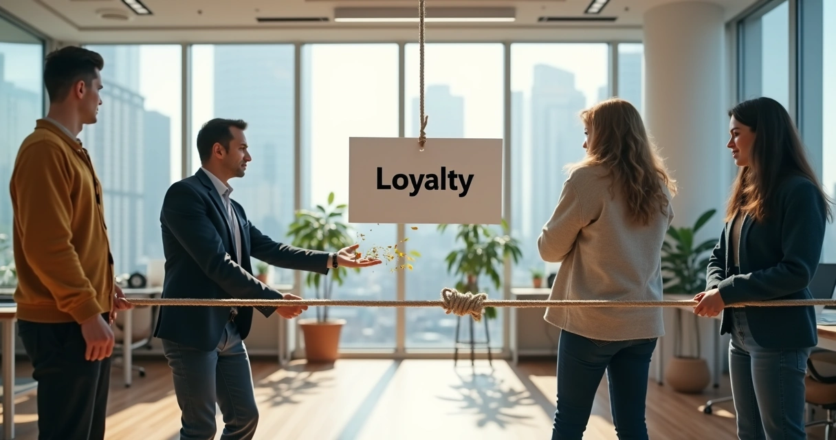 Office colleagues pulling opposite loyalty signs on a rope 