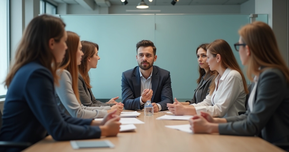 Colleagues at a meeting, with one person isolated and looking uncomfortable as others speak over them. 