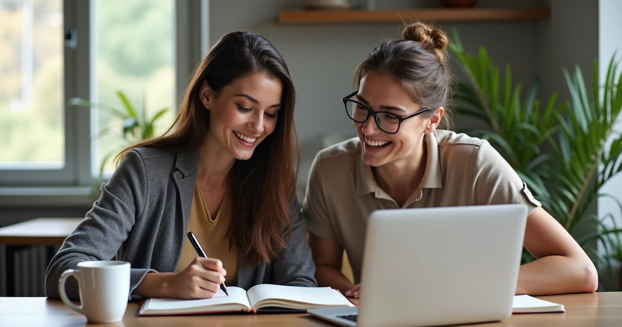 Two colleagues engaging in a supportive conversation at a desk 