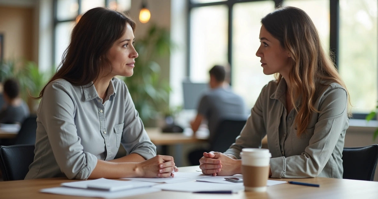 Two colleagues talking supportively at work 