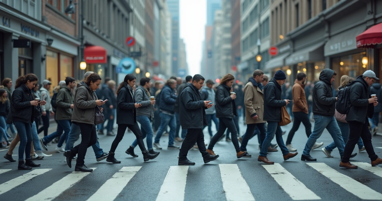 Pedestrians crosswalk with faint translucent currents suggesting shared anxiety 