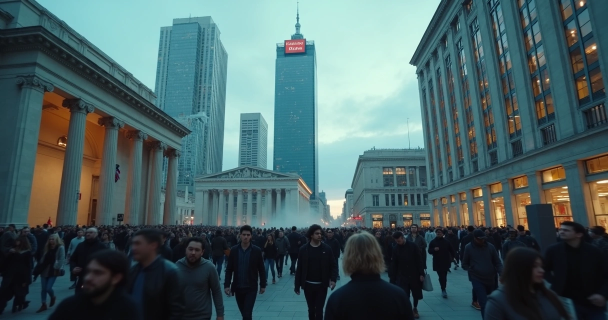 Crowd in a modern city with anxious expressions blending into institutional buildings 