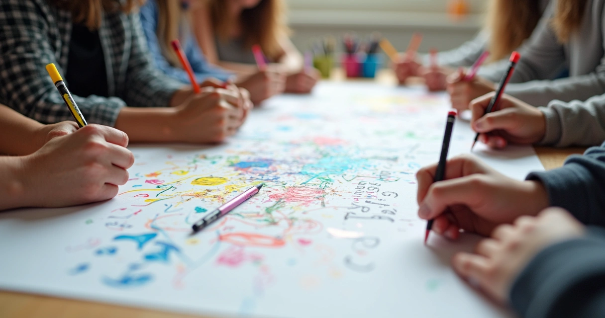 Hands drawing and writing together on large paper