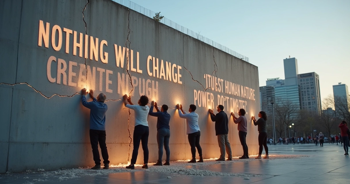Wall of words symbolizing limiting beliefs cracking as diverse people push through 