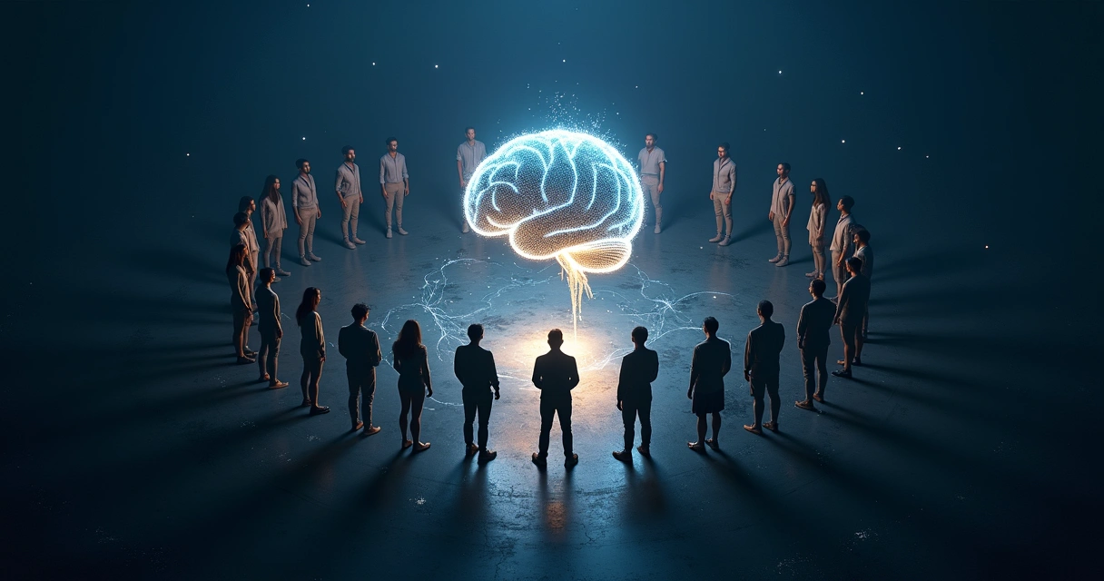 People connected by glowing lines around a shared luminous brain 