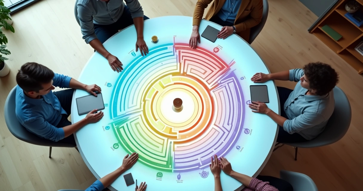 Top view of team around maze table choosing shared path forward 