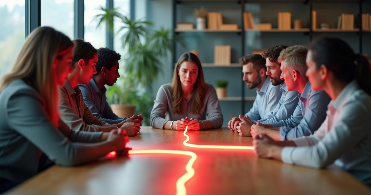 Group of office workers around a table with one person holding a glowing red thread symbolizing shared emotional tension 