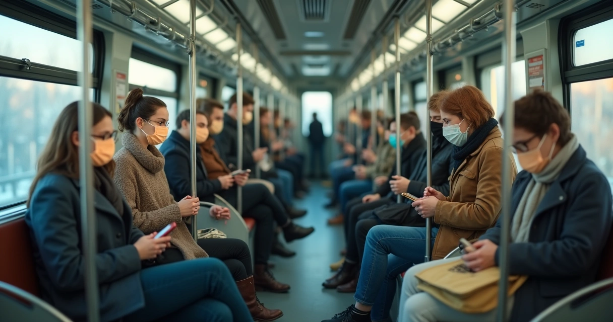 Group of commuters on train wearing translucent masks that mute their expressions 