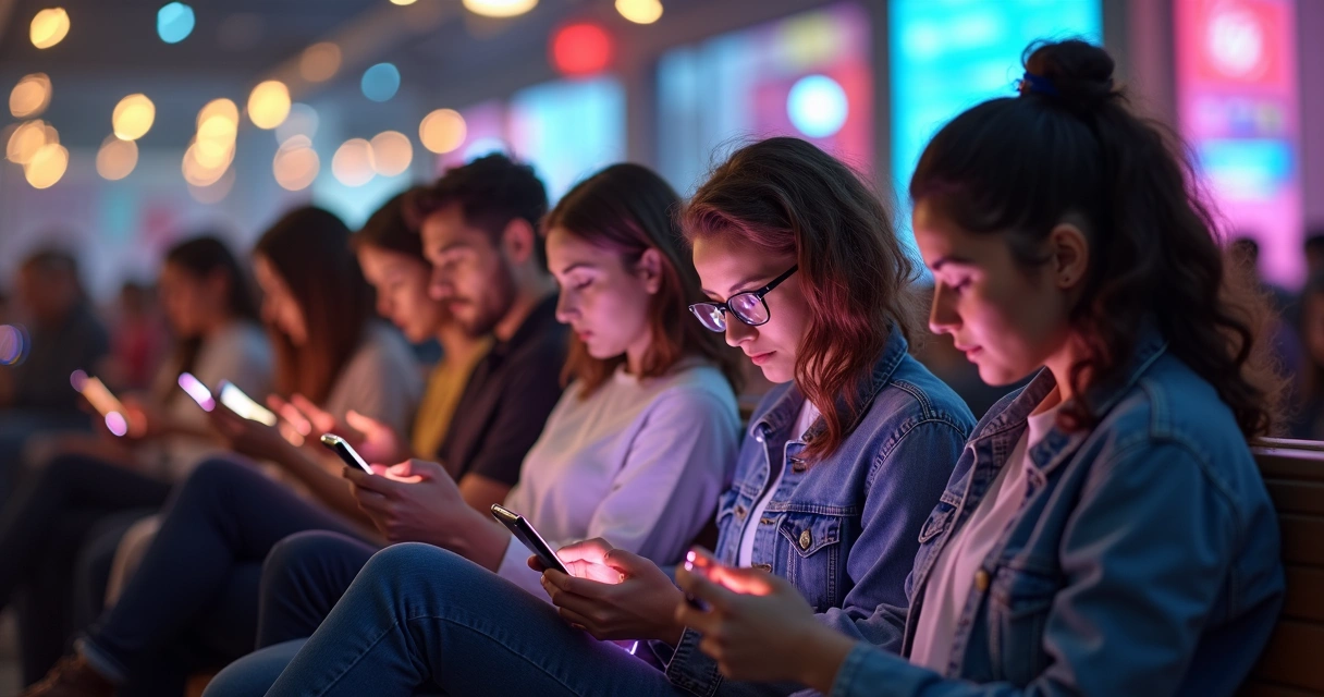 People looking at phones while colored emotional waves connect them 