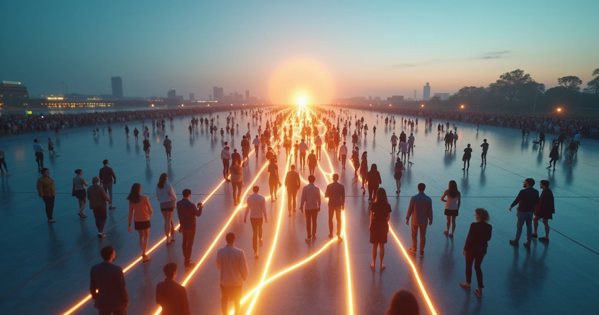 Crowd of diverse people walking along branching glowing paths forming a brain shape 