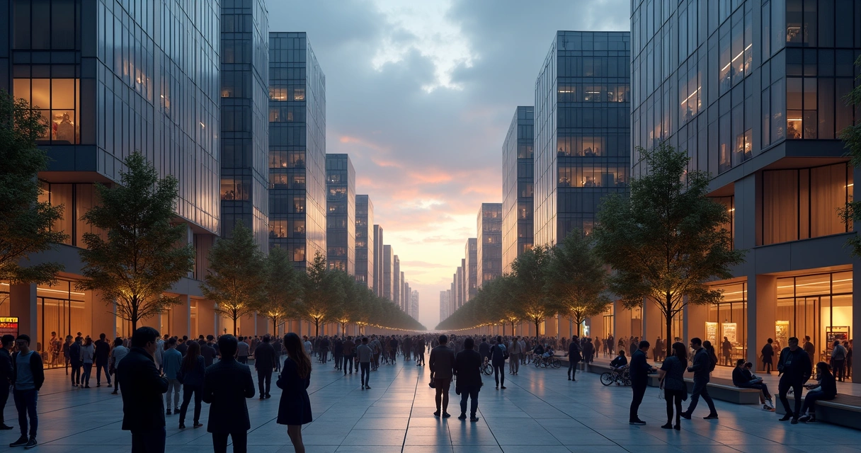 Crowd split between fearful chaos and calm social trust in a city plaza 