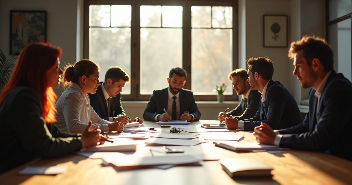 Group around a table in a meeting, some looking away, papers scattered, heavy atmosphere 