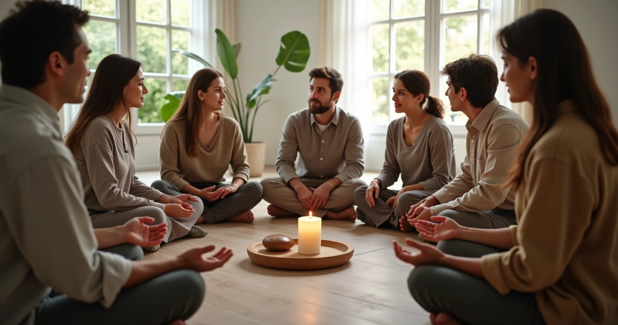 Group of diverse adults in a circle sharing reflection and support 