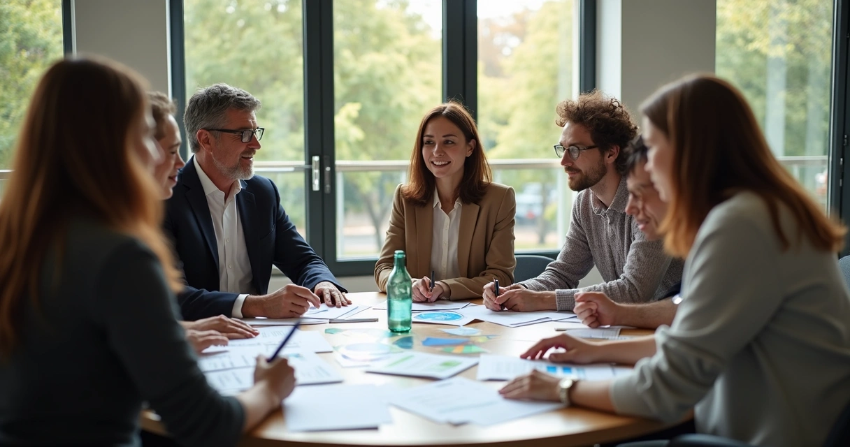 A diverse group discussing charts around a table 