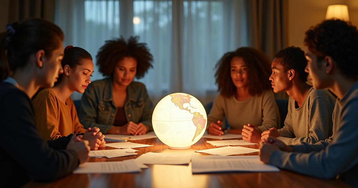 Group of people in deep discussion around a table, papers spread out, with a large transparent globe in the center 