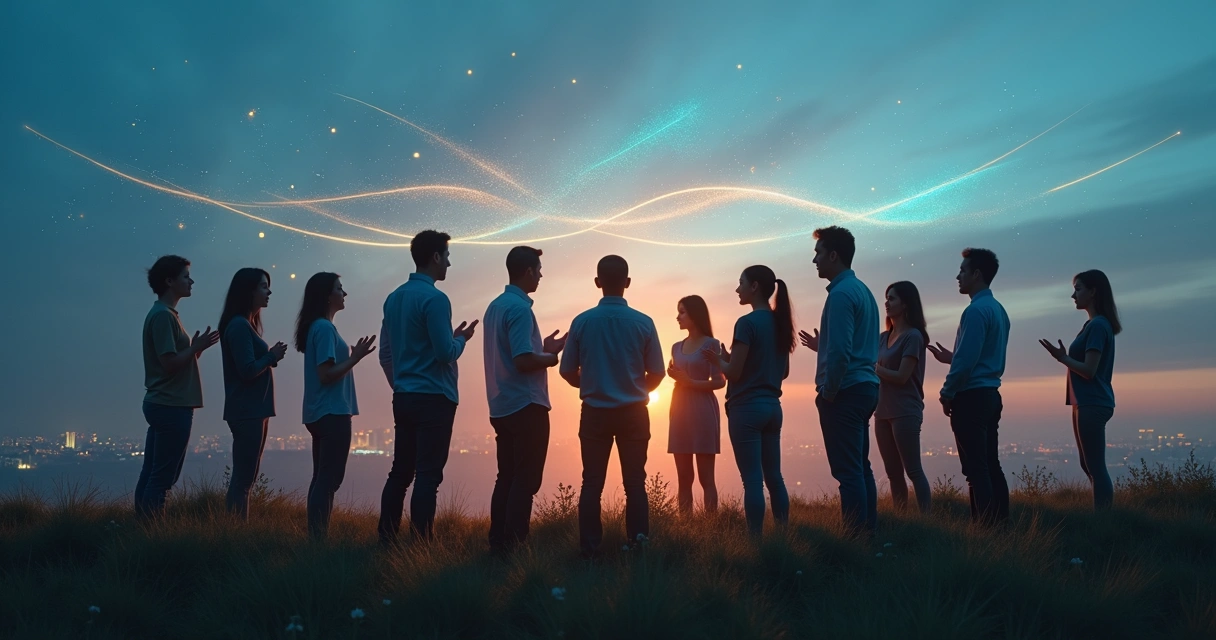 Diverse group standing in a circle on a hill with sky patterns connecting their silhouettes 
