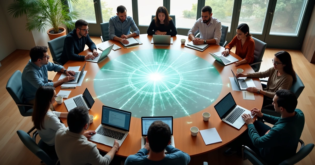 Top view of diverse people around a circular table forming a glowing network pattern 