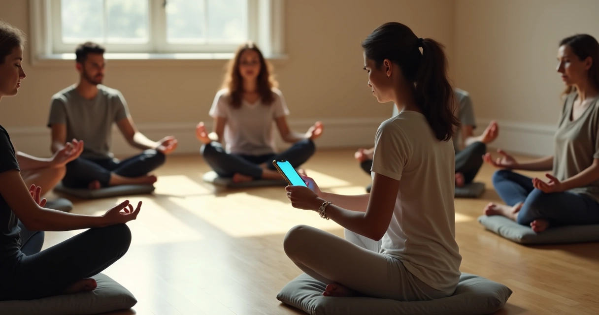 Group of diverse people in a circle with one person distracted by a glowing smartphone 